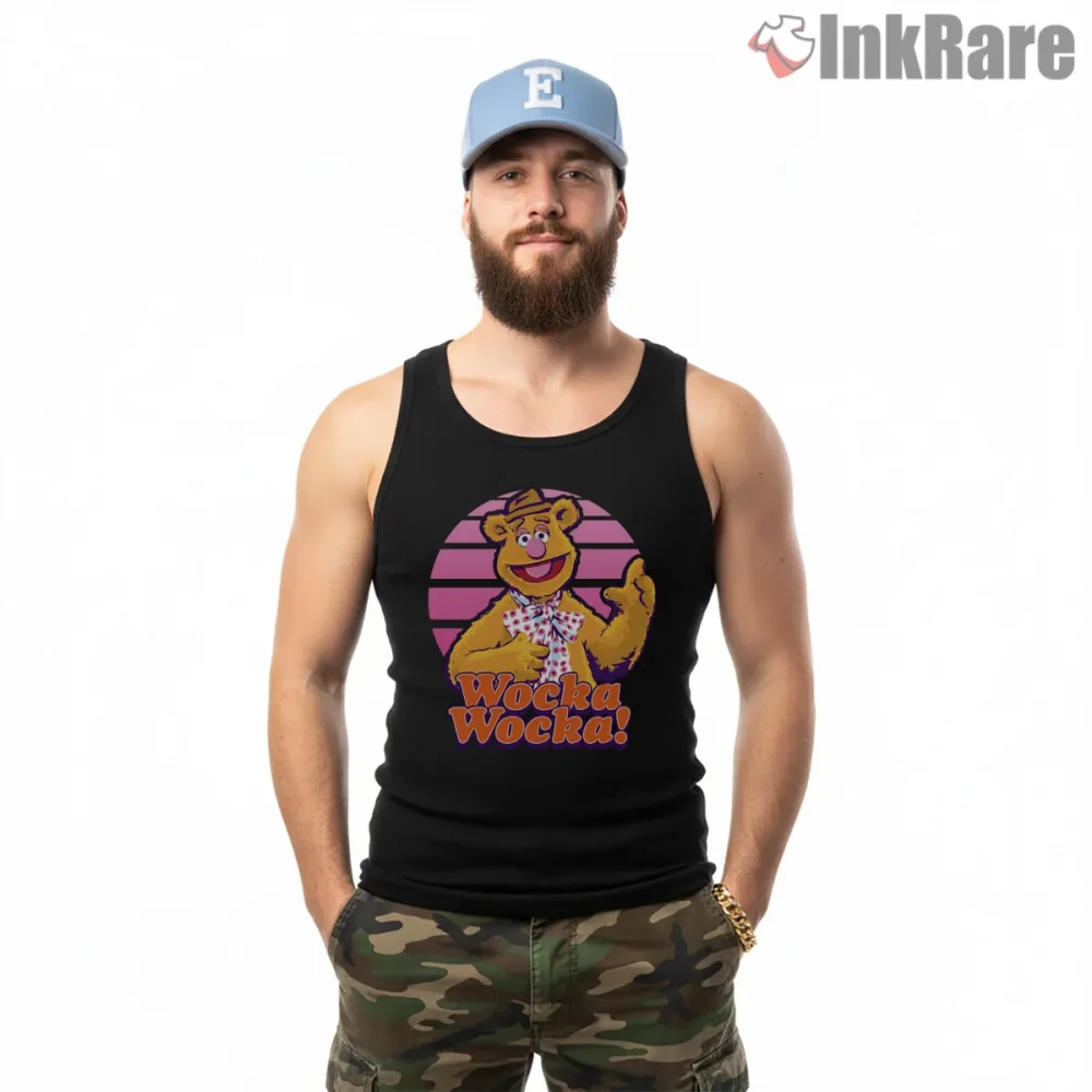 Fozzie Bear Wocka Wocka 80s Retro Sunset Cartoon Shirt on black tank top for men graphic tee