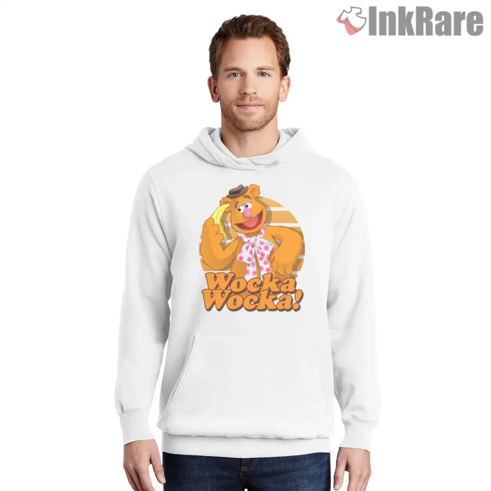 Fozzie Bear Wocka Wocka Comedy Cartoon Graphic Shirt on white hoodie for men graphic tee