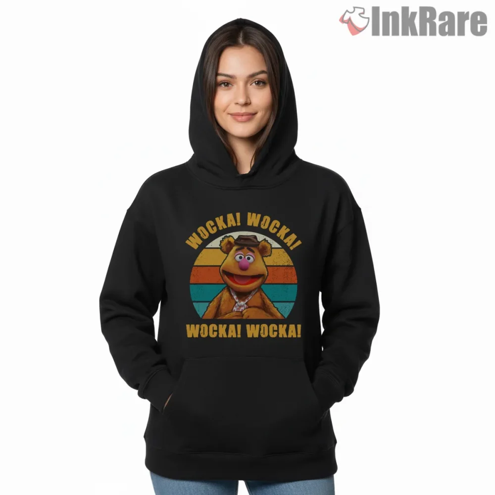 Fozzie Bear Wocka Wocka Retro Sunset Comedy Shirt on black hoodie for women graphic tee
