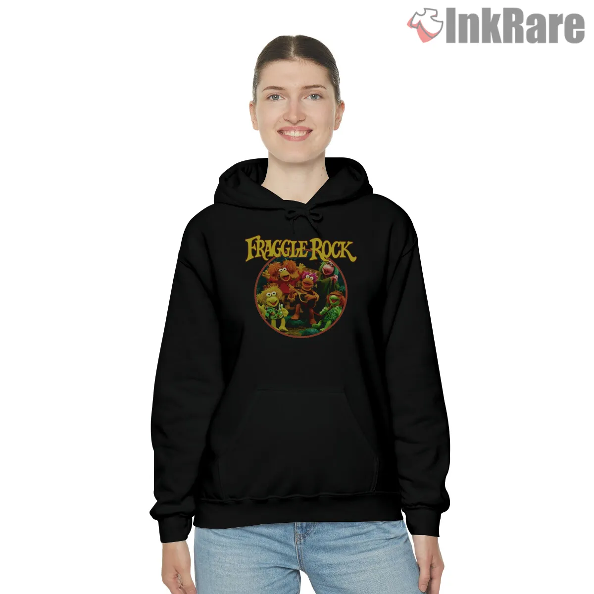 Fraggle Rock 80s Classic Vintage Circle Cartoon Group Shirt on black hoodie for women graphic tee