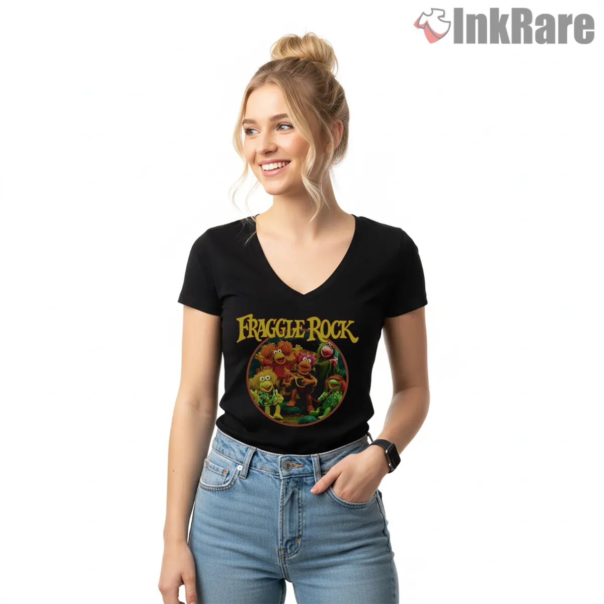 Fraggle Rock 80s Classic Vintage Circle Cartoon Group V Neck Black Fraggle Rock 80s Classic Vintage Circle Cartoon Group Shirt on black v-neck shirt for women graphic tee
