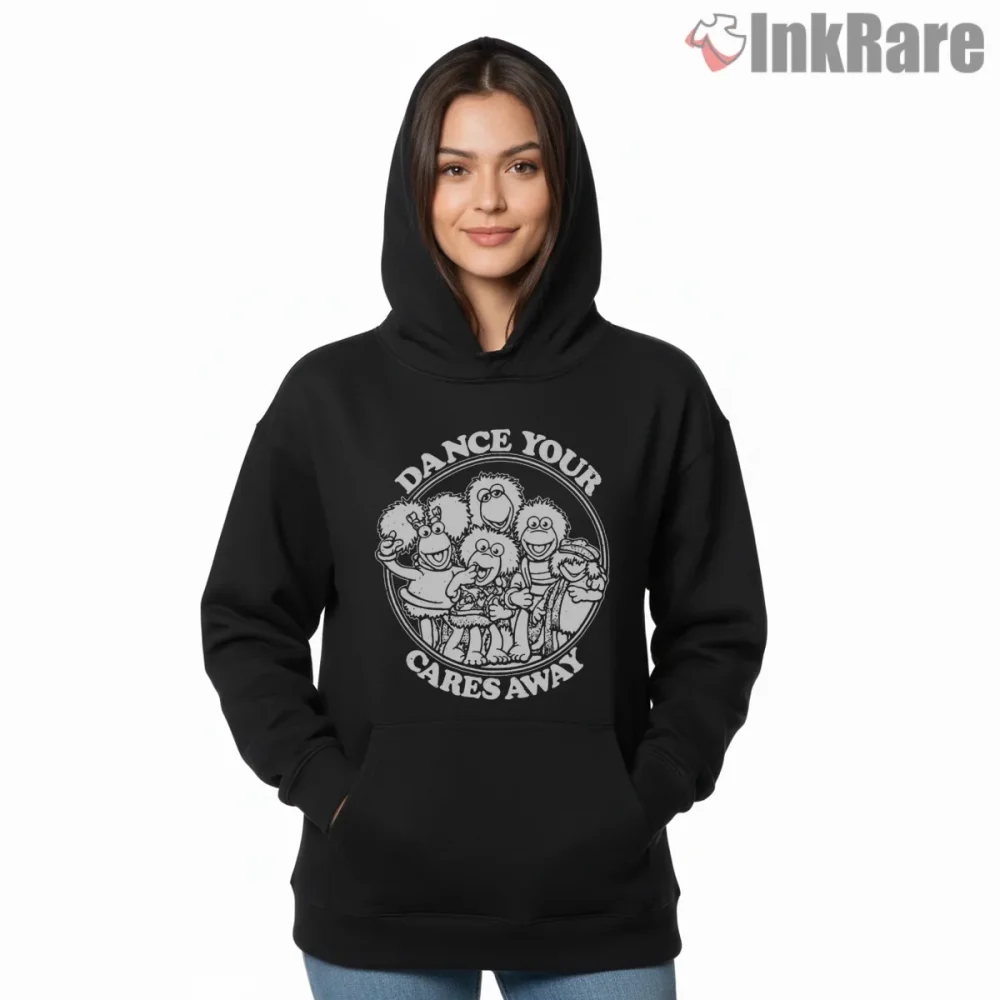 Fraggle Rock Dance Your Cares Away Vintage Circle Cartoon Shirt on black hoodie for women graphic tee