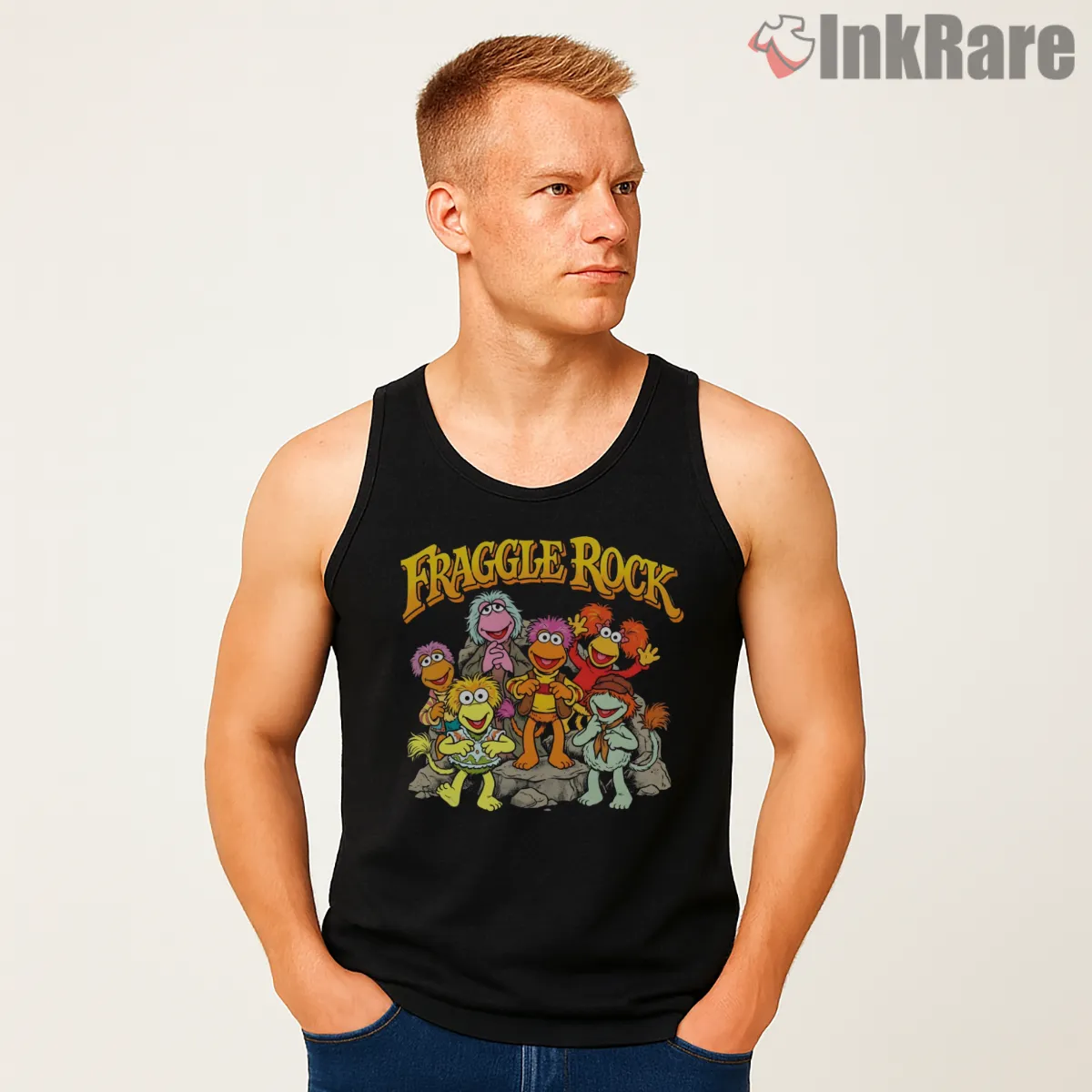Fraggle Rock Group Characters Classic Cartoon Ensemble Shirt on black tank top for men graphic tee