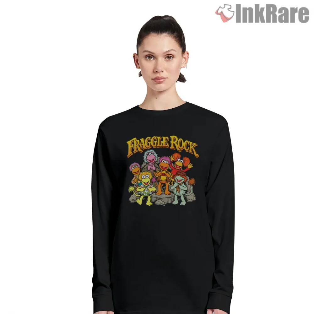 Fraggle Rock Group Characters Classic Cartoon Ensemble Shirt on black long sleeve shirt for women graphic tee