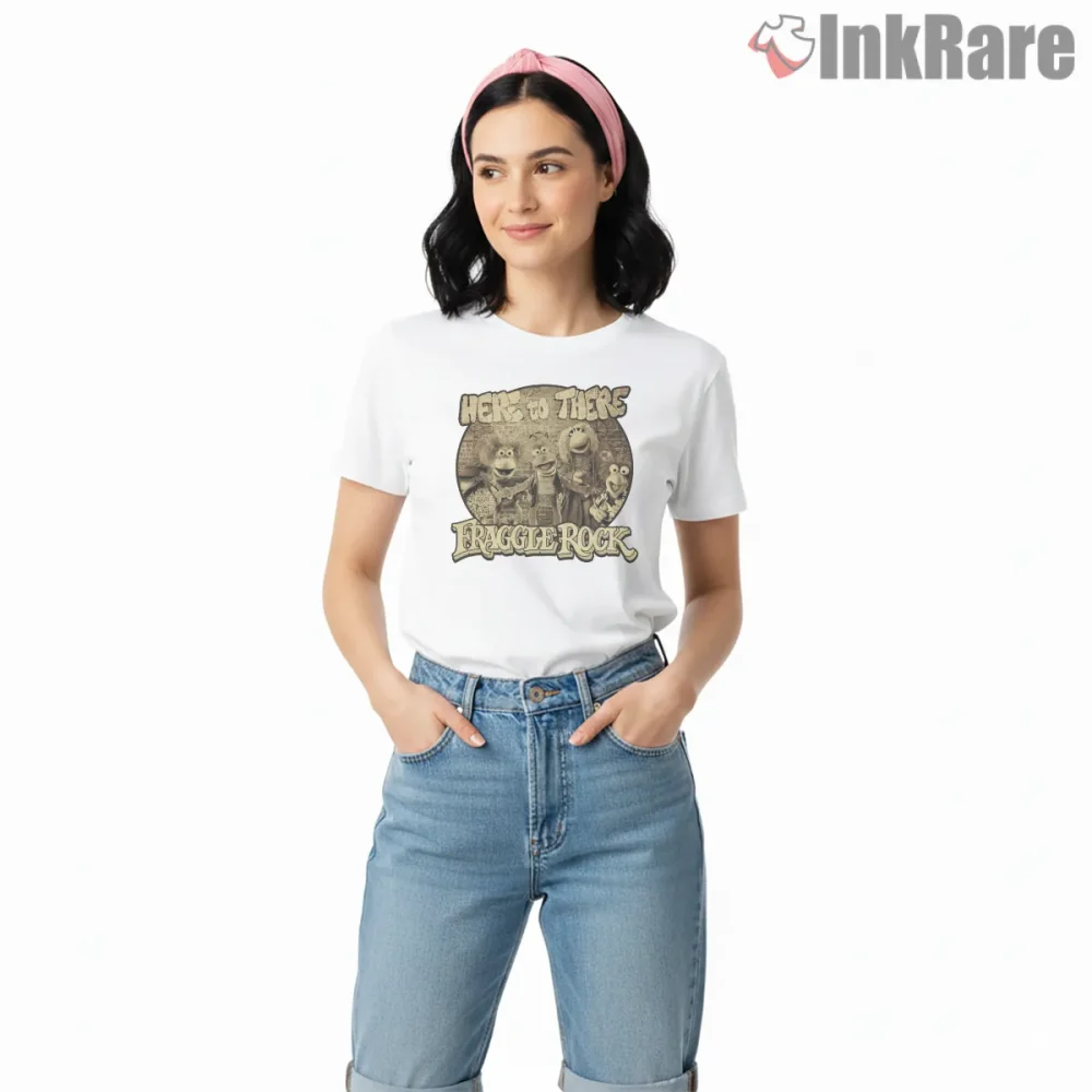 Fraggle Rock Here To There Vintage Sepia Group Shirt on white short sleeve shirt for women graphic tee