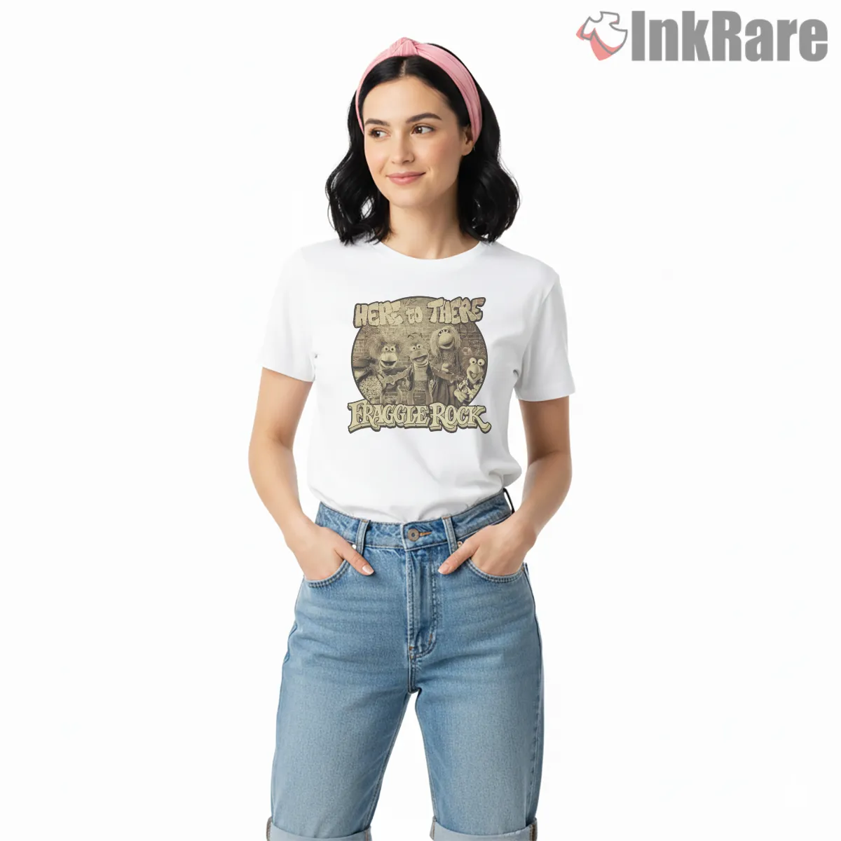 Fraggle Rock Here To There Vintage Sepia Group Short Sleeve White Fraggle Rock Here To There Vintage Sepia Group Shirt on white short sleeve shirt for women graphic tee