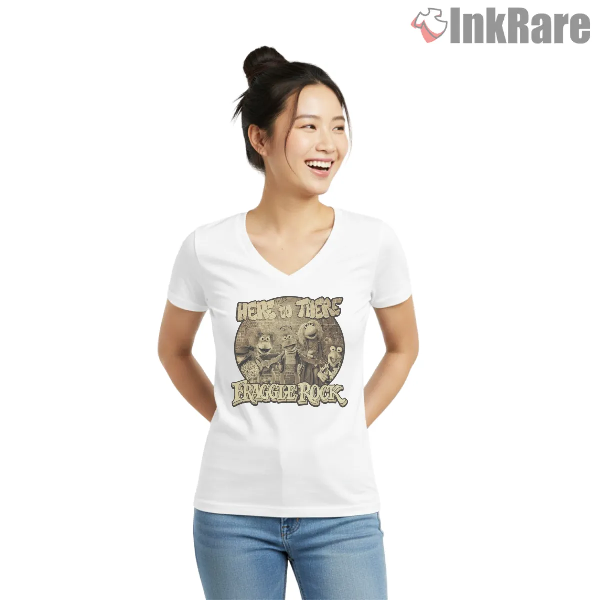Fraggle Rock Here To There Vintage Sepia Group Shirt on white v-neck shirt for women graphic tee