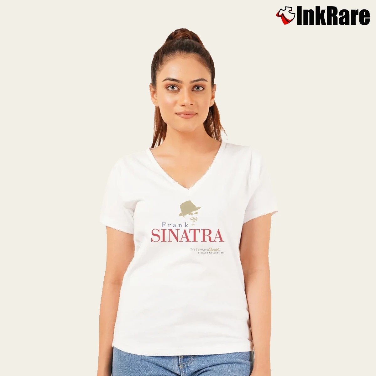 Frank Sinatra Capitol Singles Women’s V-Neck Tee in white – Flattering Fit Women’s Frank Sinatra Capitol Singles V-Neck Tee in white | Chic Neckline, Soft Texture