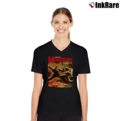 Women’s Frankenstein Vs Wolf Man Monsters V-Neck Tee in black | Chic Neckline, Soft Texture