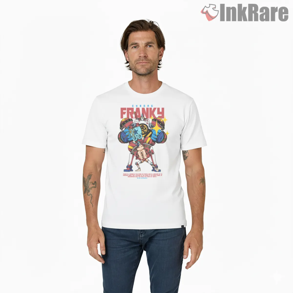 Franky Super Cyborg Power Pose Anime Short Sleeve White Franky Super Cyborg Power Pose Anime Shirt on white short sleeve shirt for men graphic tee