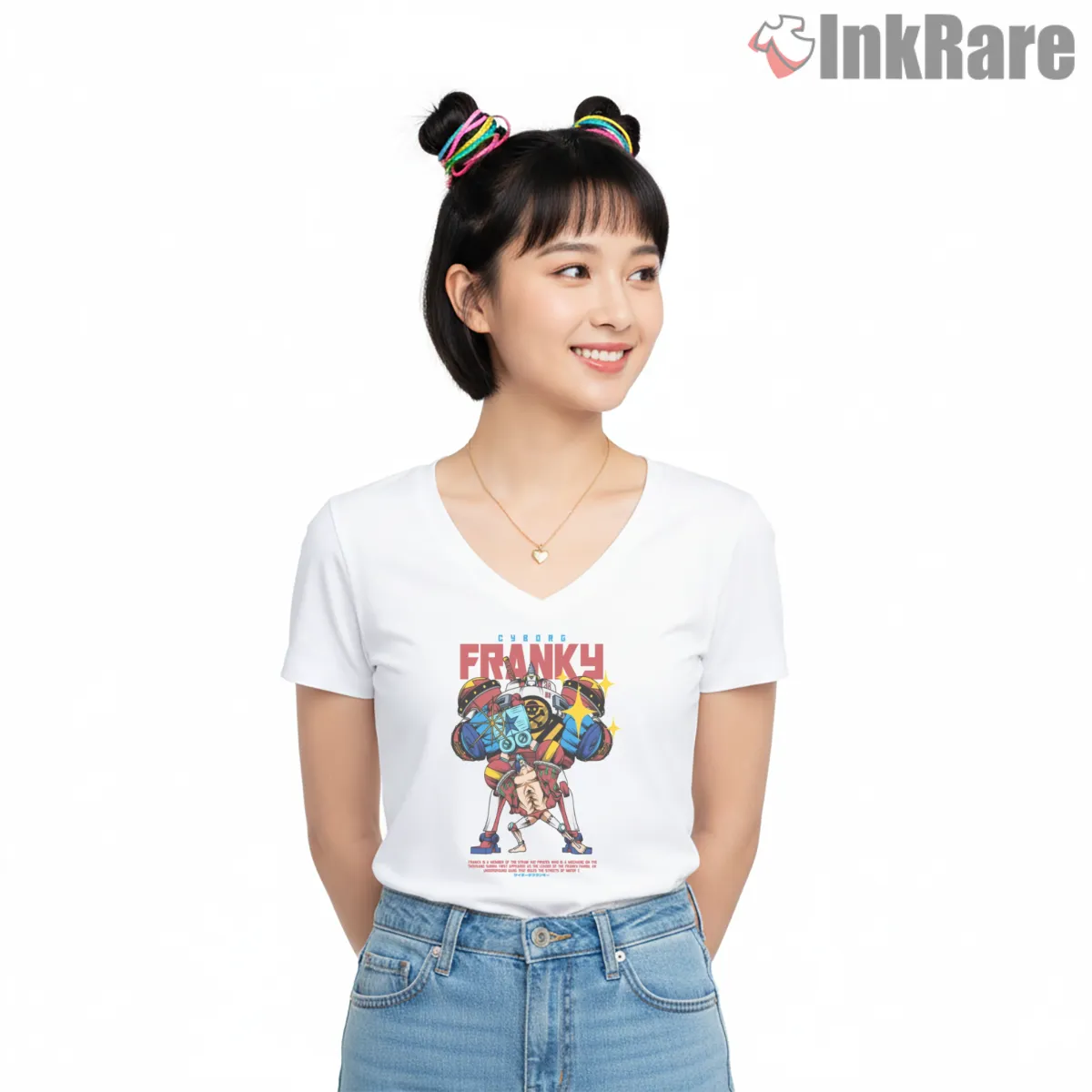 Franky Super Cyborg Power Pose Anime Shirt on white v-neck shirt for women graphic tee