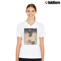 Women’s fred mcgriff atlanta braves retro baseball fan V-Neck Tee in white | Chic Neckline, Soft Texture