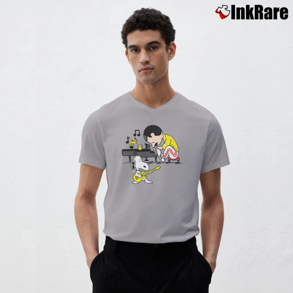 Men’s Freddie Mercury Snoopy Playing Guitar Peanuts V-Neck Tee in sport grey | Sharp, Breathable, Everyday Staple