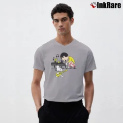 Men’s Freddie Mercury Snoopy Playing Guitar Peanuts V-Neck Tee in sport grey | Sharp, Breathable, Everyday Staple
