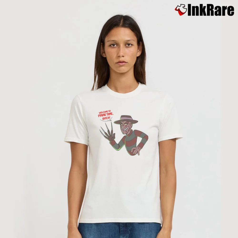 Women’s Freddy Kreuger Prime Time Halloween Signature T-Shirt in white | Soft, Flattering Fit