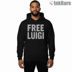 Free Luigi Bold Meme Statement Gaming Shirt on black hoodie for men graphic tee