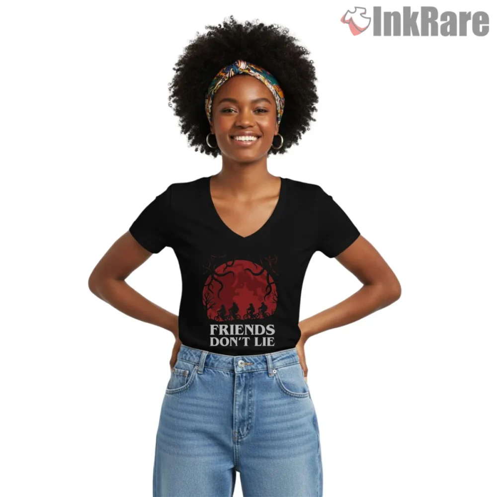 Friends Dont Lie Upside Down Forest Adventure Shirt on black v-neck shirt for women graphic tee