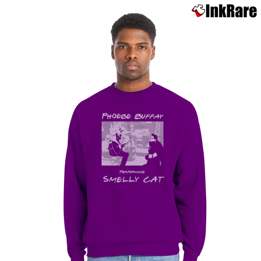 Men’s Friends Phoebe Buffay Performing Smelly Cat Crewneck Sweatshirt in purple | Cozy Fabric, Clean Style