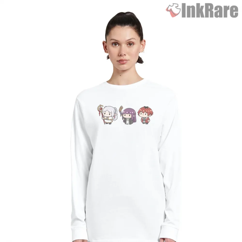 Frieren Chibi Friends Group Cute Anime Shirt on white long sleeve shirt for women graphic tee