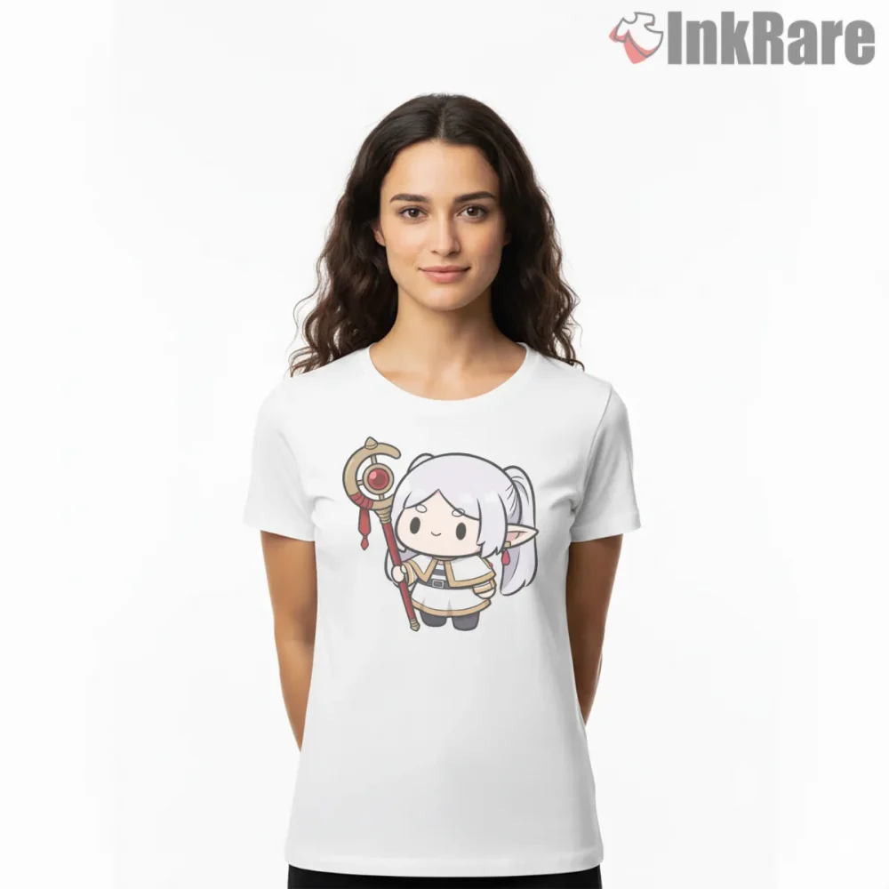Frieren Chibi Staff Mage Minimal Cute Anime Shirt on white short sleeve shirt for women graphic tee