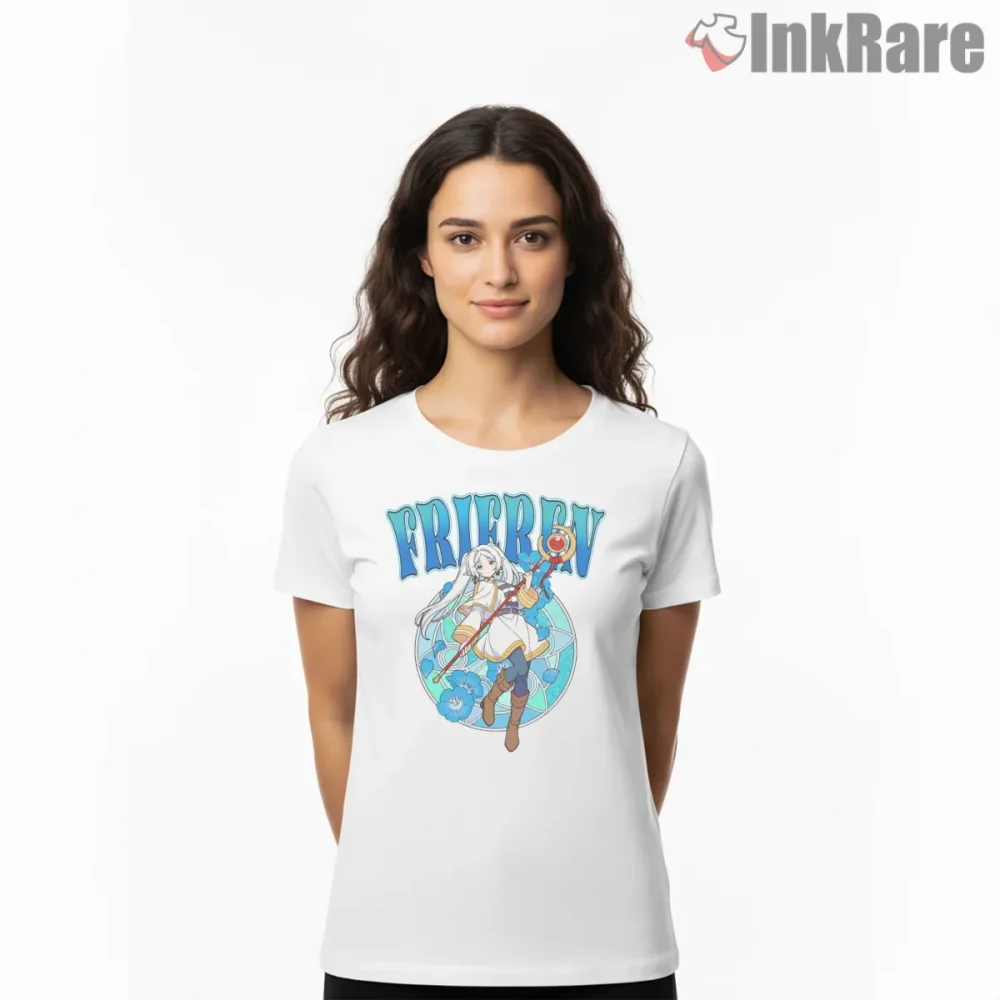 Frieren Elegant Mage Floral Circle Fantasy Anime Shirt on white short sleeve shirt for women graphic tee