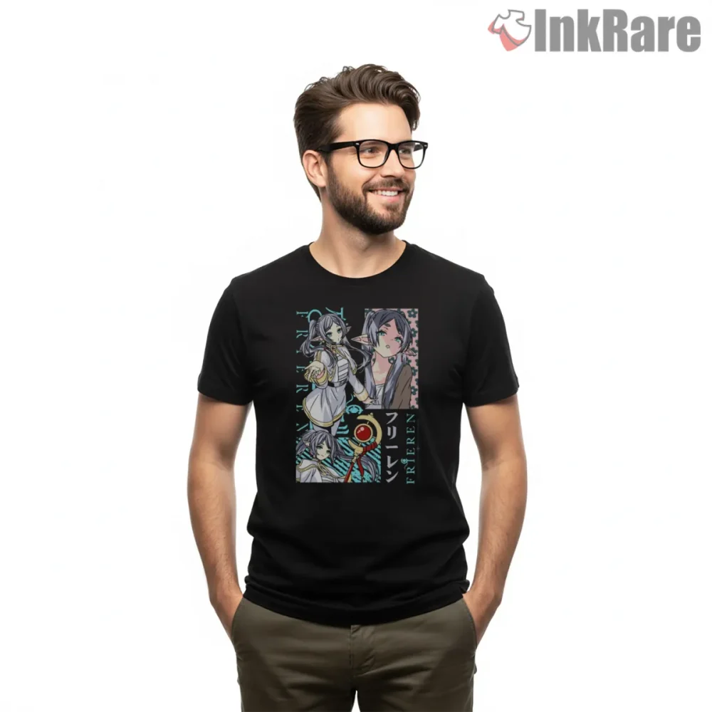Frieren Eternal Journey Collage Fantasy Anime Shirt on black short sleeve shirt for men graphic tee
