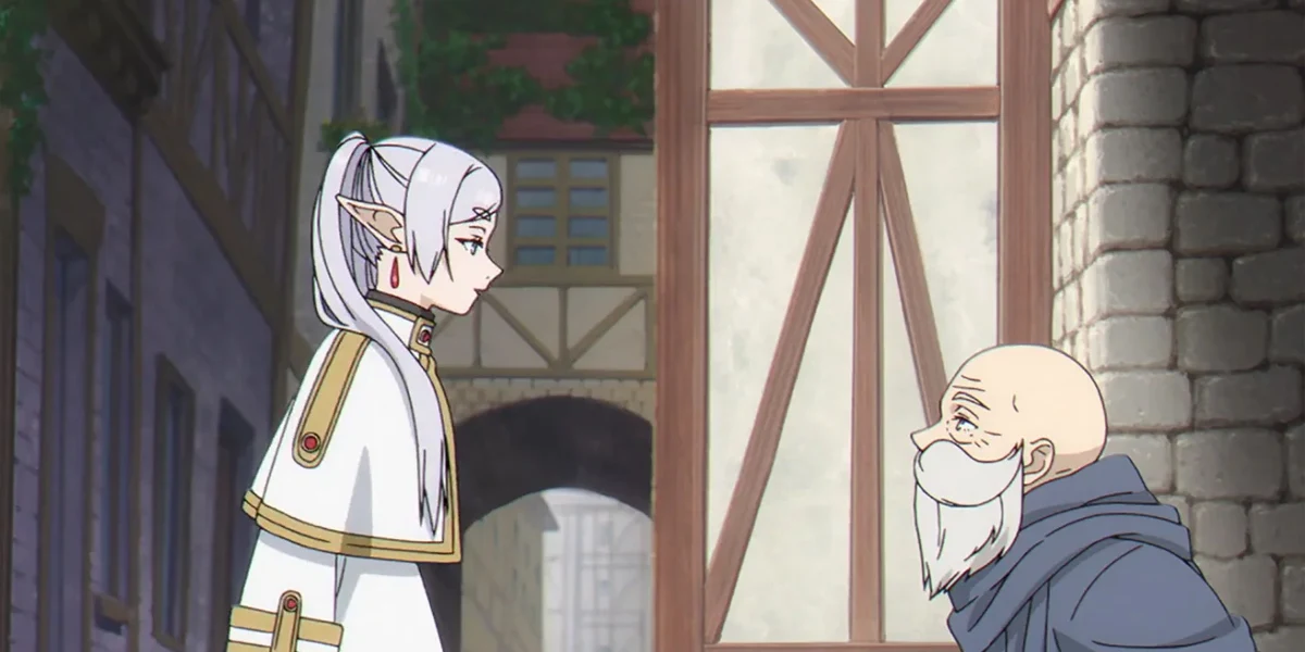 Frieren standing face to face with Himmel in his old age, showing the contrast between immortality and human time