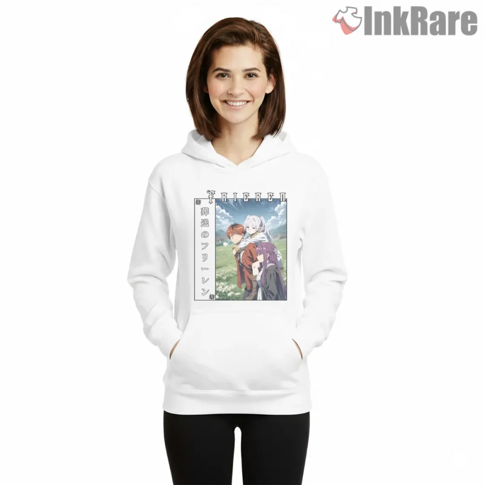 Frieren Group Journey Trio Fantasy Anime Shirt on white hoodie for women graphic tee