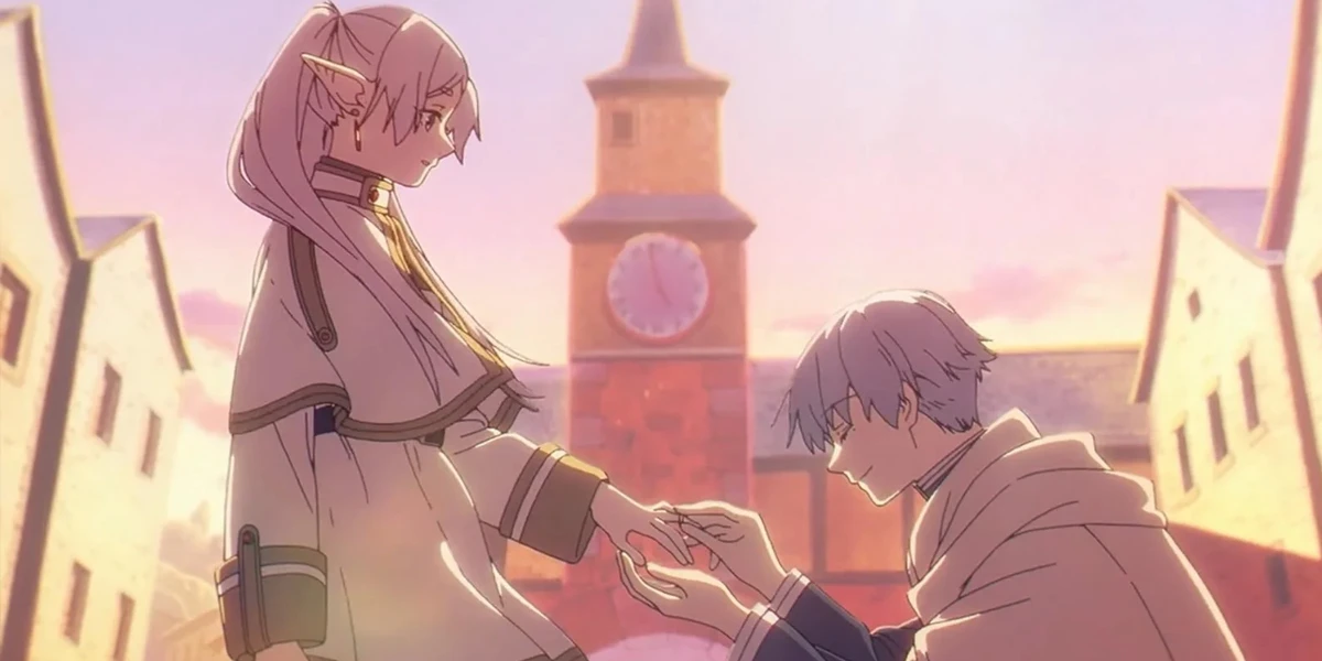 Frieren and Himmel sharing a quiet moment after their journey has ended