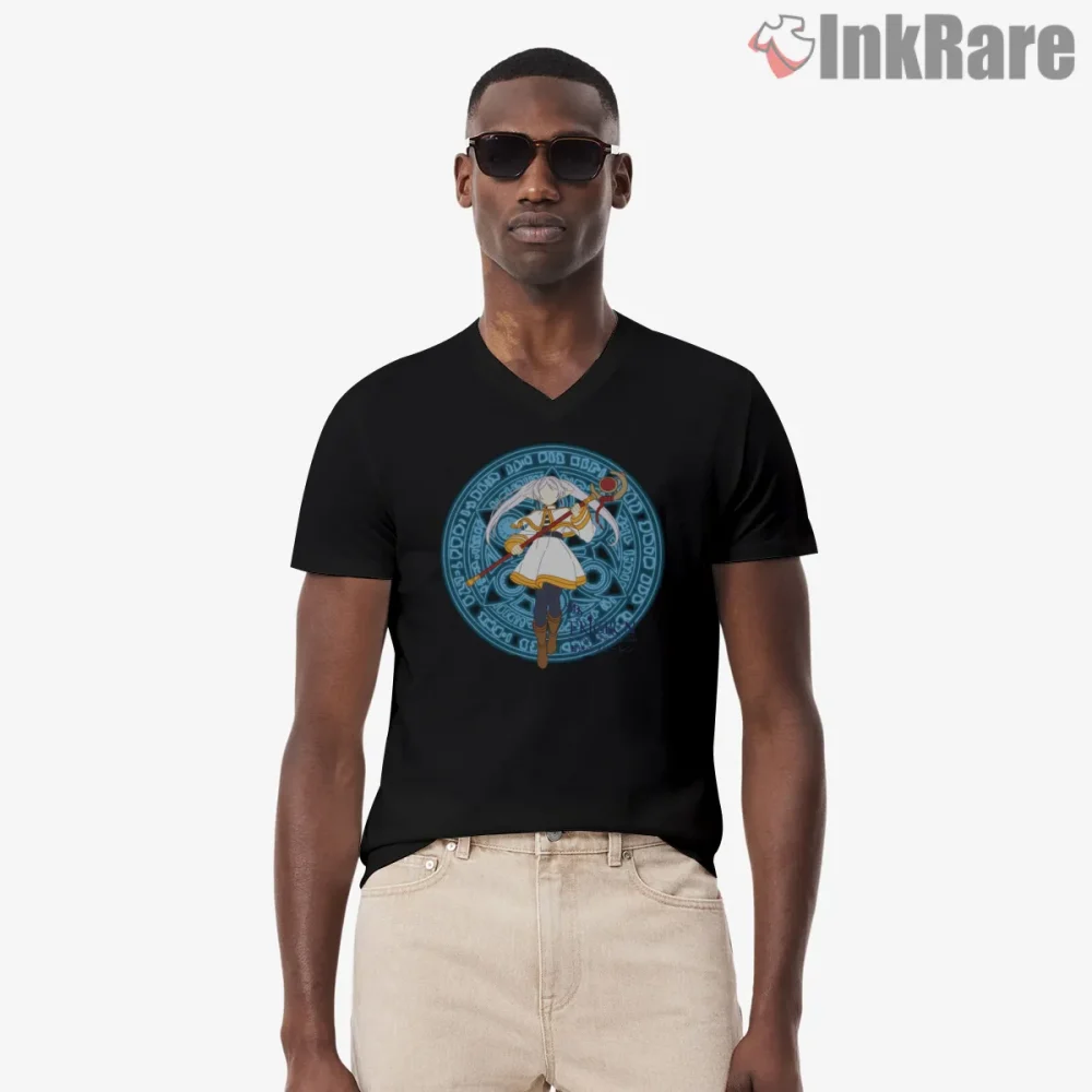 Frieren Magic Circle Silhouette Fantasy Anime Shirt on black v-neck shirt for men graphic tee
