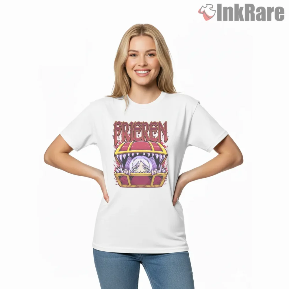 Frieren Mimic Chest Surprise Cute Fantasy Anime Shirt on white short sleeve shirt for women graphic tee
