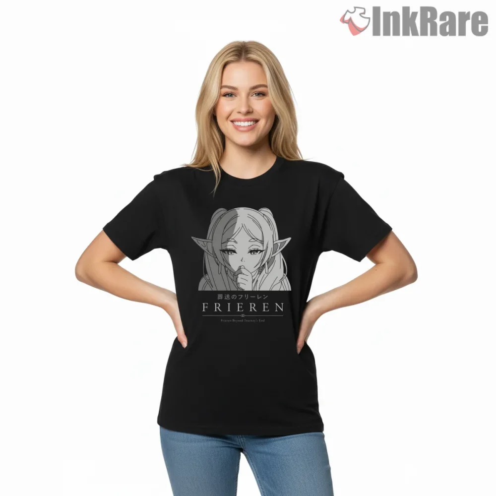 Frieren Minimal Manga Portrait Calm Expression Anime Shirt on black short sleeve shirt for women graphic tee