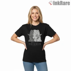 Frieren Minimal Manga Portrait Calm Expression Anime Shirt on black short sleeve shirt for women graphic tee