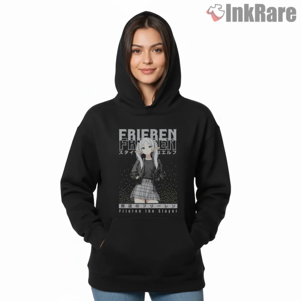 Frieren Minimal Modern Portrait Fantasy Anime Shirt on black hoodie for women graphic tee