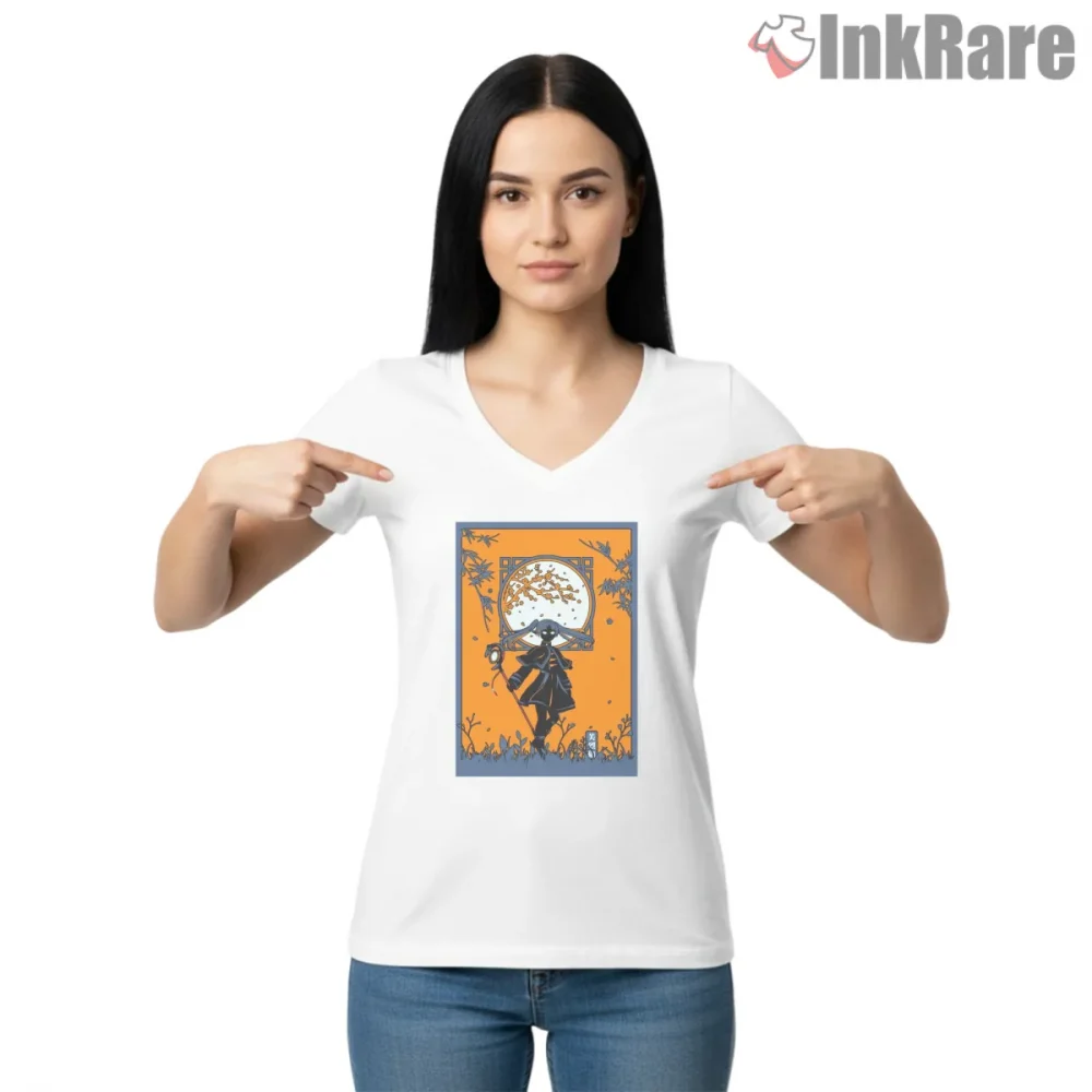 Frieren Orange Frame Silhouette Journey Anime Shirt on white v-neck shirt for women graphic tee