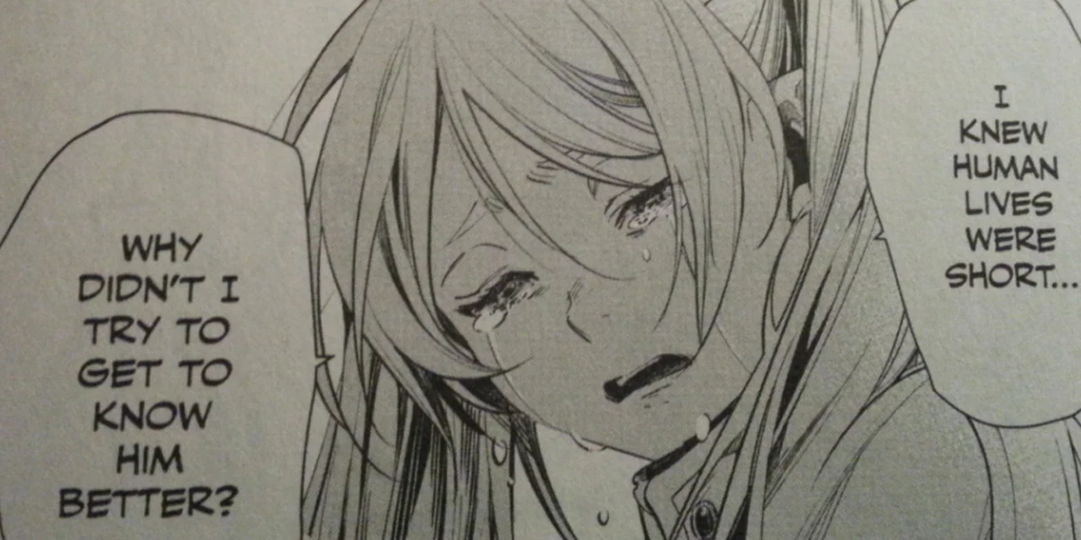 Frieren realizing too late what human life and time truly mean, in a manga scene