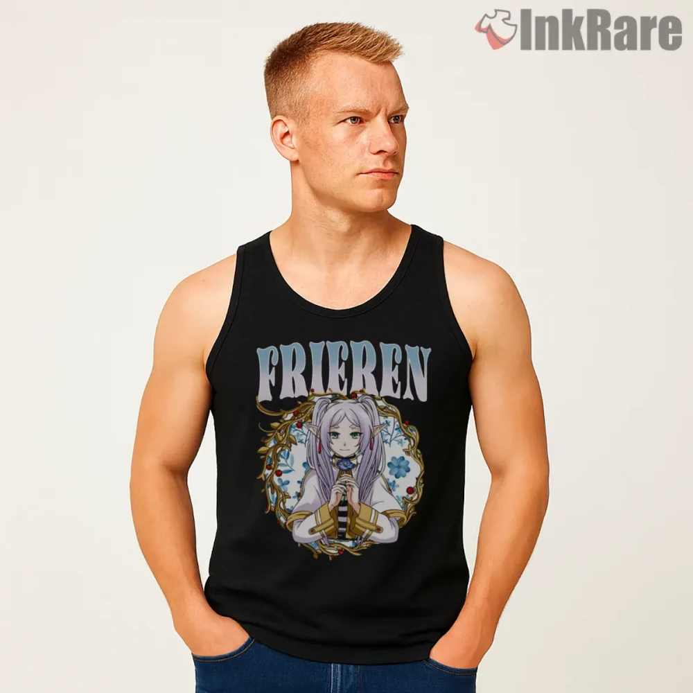 Frieren Retro Ornate Frame Classic Anime Portrait Shirt on black tank top for men graphic tee