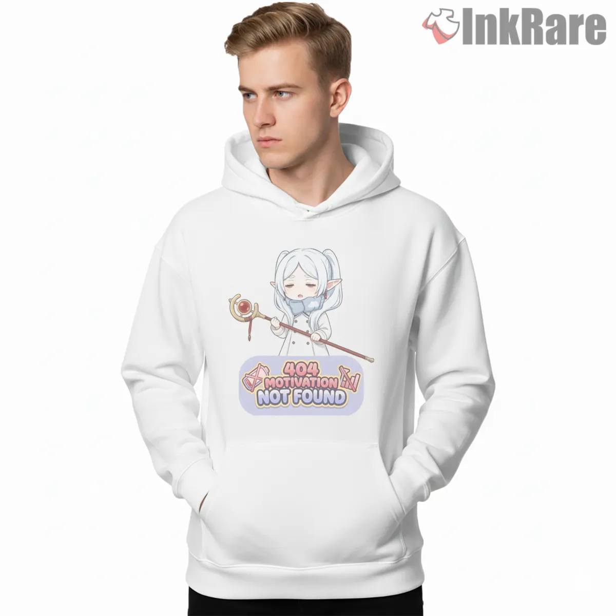 Frieren Sleepy Mage 404 Motivation Not Found Anime Hoodie White Frieren Sleepy Mage 404 Motivation Not Found Anime Shirt on white hoodie for men graphic tee