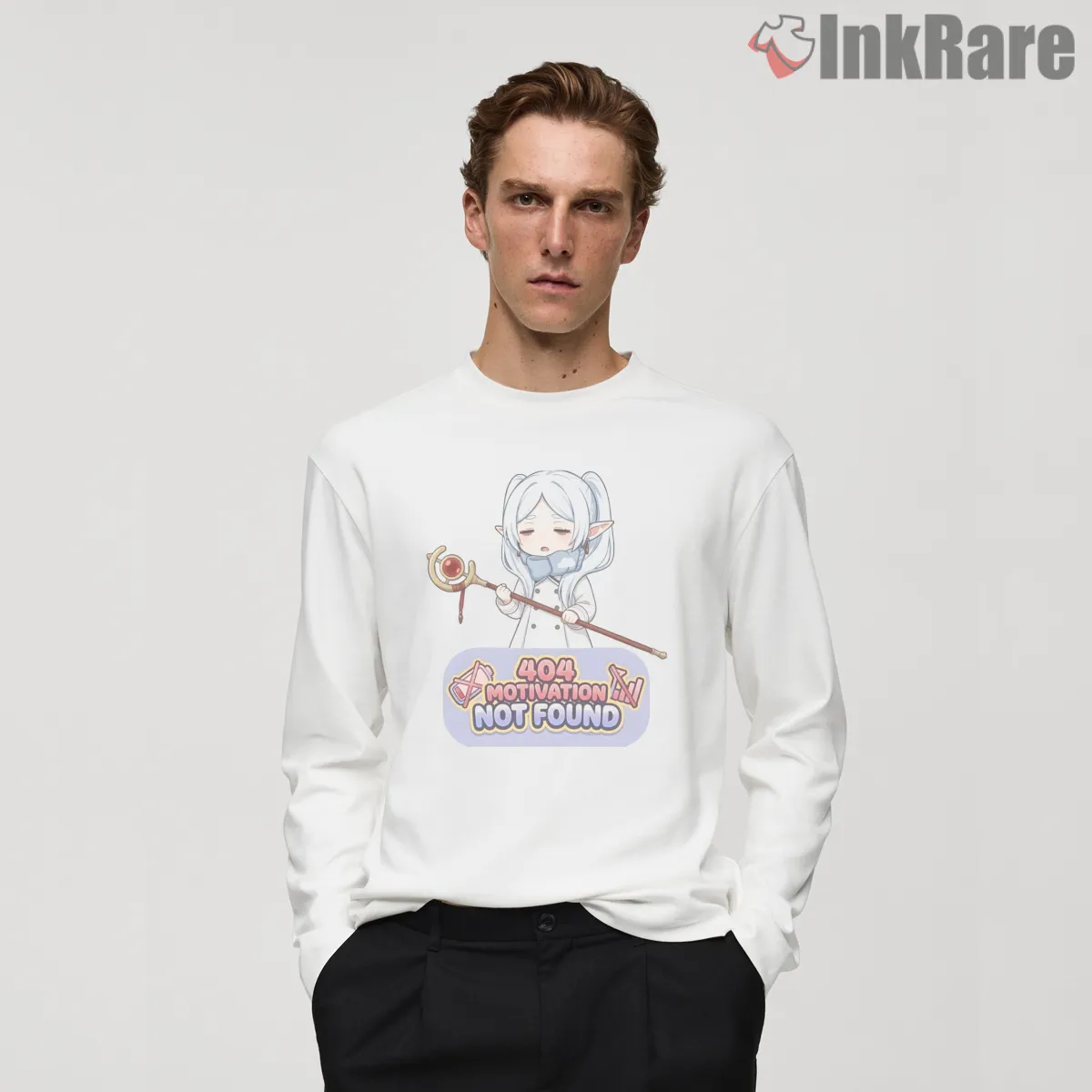 Frieren Sleepy Mage 404 Motivation Not Found Anime Long Sleeve White Frieren Sleepy Mage 404 Motivation Not Found Anime Shirt on white long sleeve shirt for men graphic tee