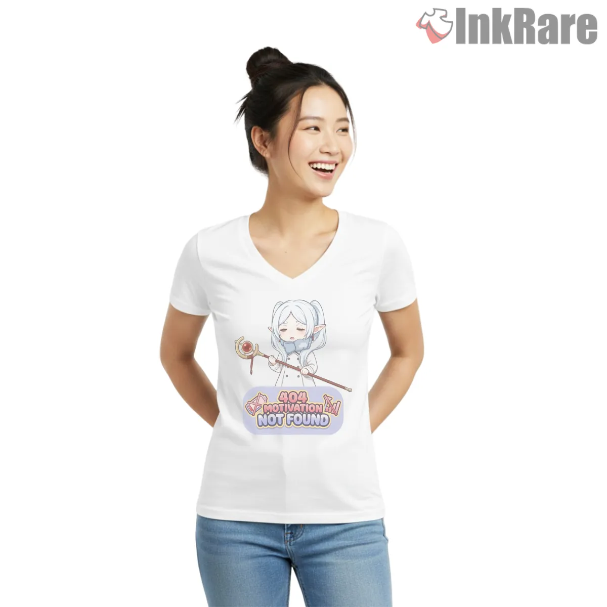 Frieren Sleepy Mage 404 Motivation Not Found Anime V Neck White Frieren Sleepy Mage 404 Motivation Not Found Anime Shirt on white v-neck shirt for women graphic tee