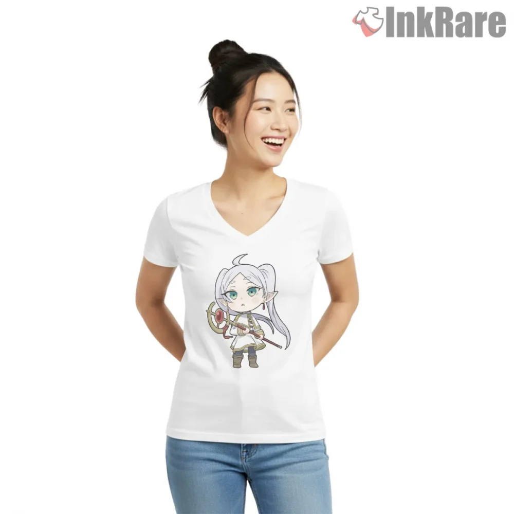 Frieren Small Mage Chibi Style Cute Anime Shirt on white v-neck shirt for women graphic tee