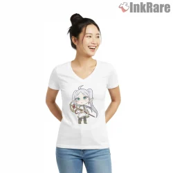 Frieren Small Mage Chibi Style Cute Anime Shirt on white v-neck shirt for women graphic tee