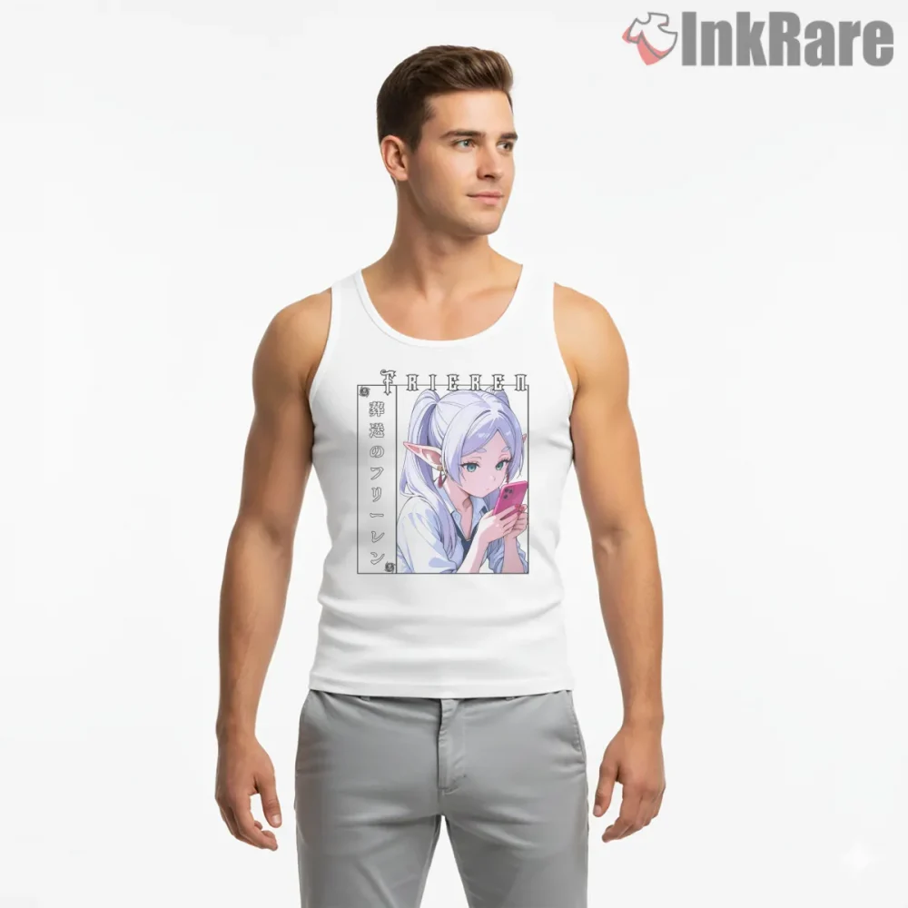 Frieren Soft Portrait Phone Moment Anime Shirt on white tank top for men graphic tee