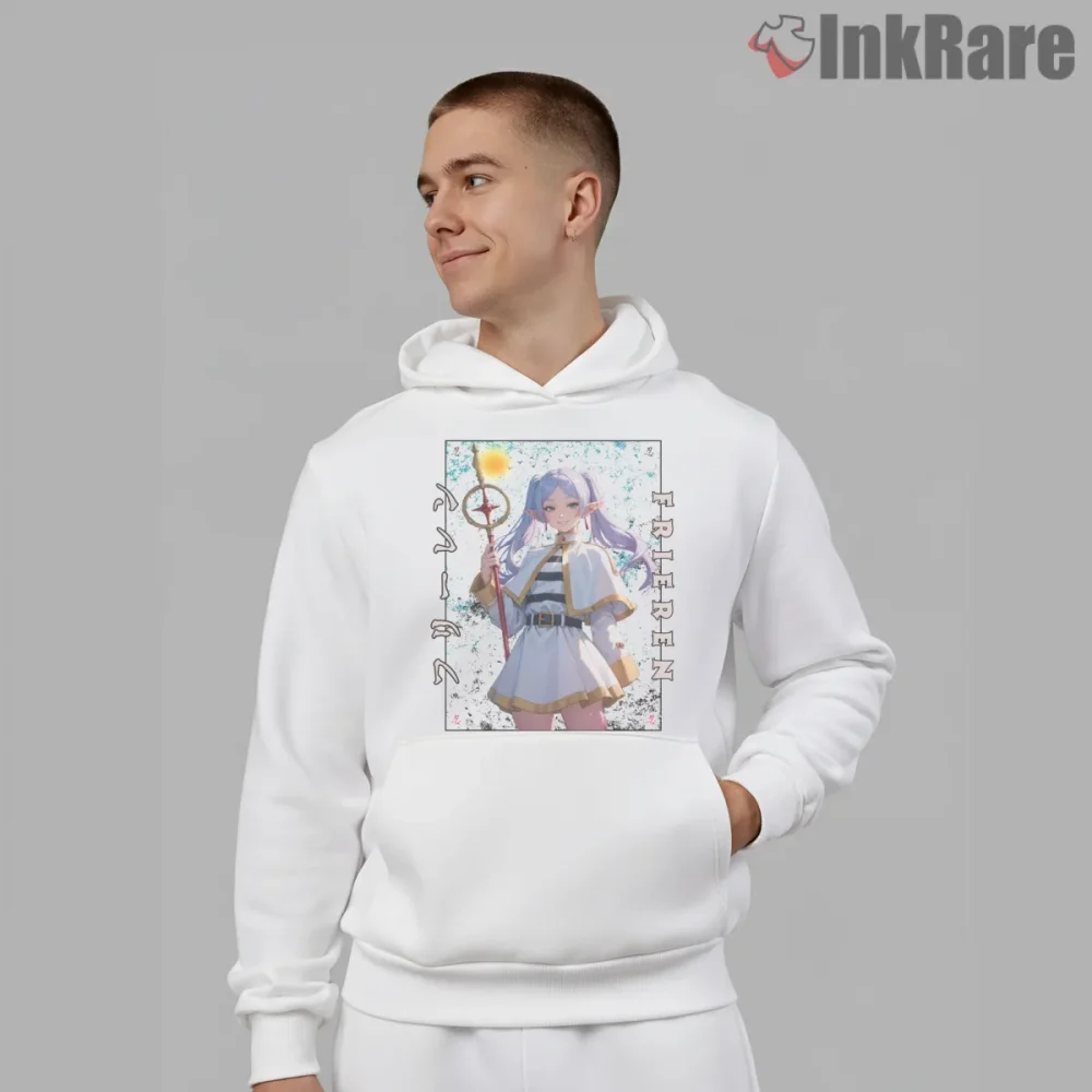 Frieren Soft Watercolor Mage Portrait Anime Shirt on white hoodie for men graphic tee