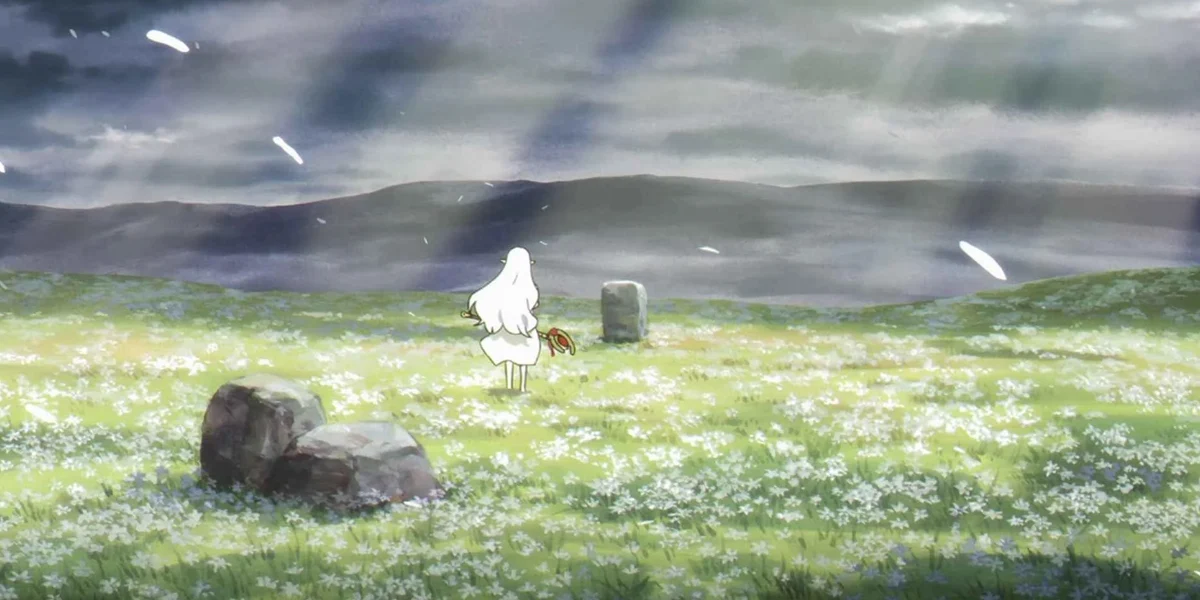 Frieren standing alone in a quiet field, reflecting on time and memories