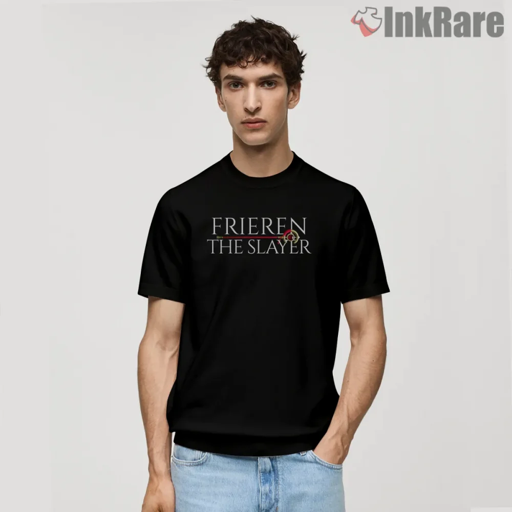 Frieren The Slayer Bold Typography Fantasy Anime Shirt on black short sleeve shirt for men graphic tee