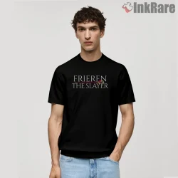 Frieren The Slayer Bold Typography Fantasy Anime Shirt on black short sleeve shirt for men graphic tee