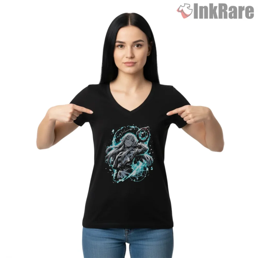 Frieren Water Magic Flowing Aura Fantasy Anime Shirt on black v-neck shirt for women graphic tee