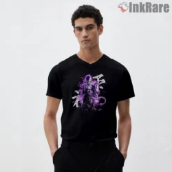 Frieza Intense Purple Energy Splash Shirt on black v-neck shirt for men graphic tee