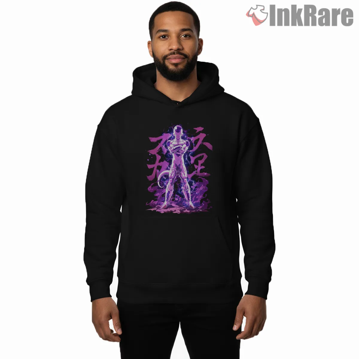 Frieza Purple Energy Calligraphy Storm Shirt on black hoodie for men graphic tee